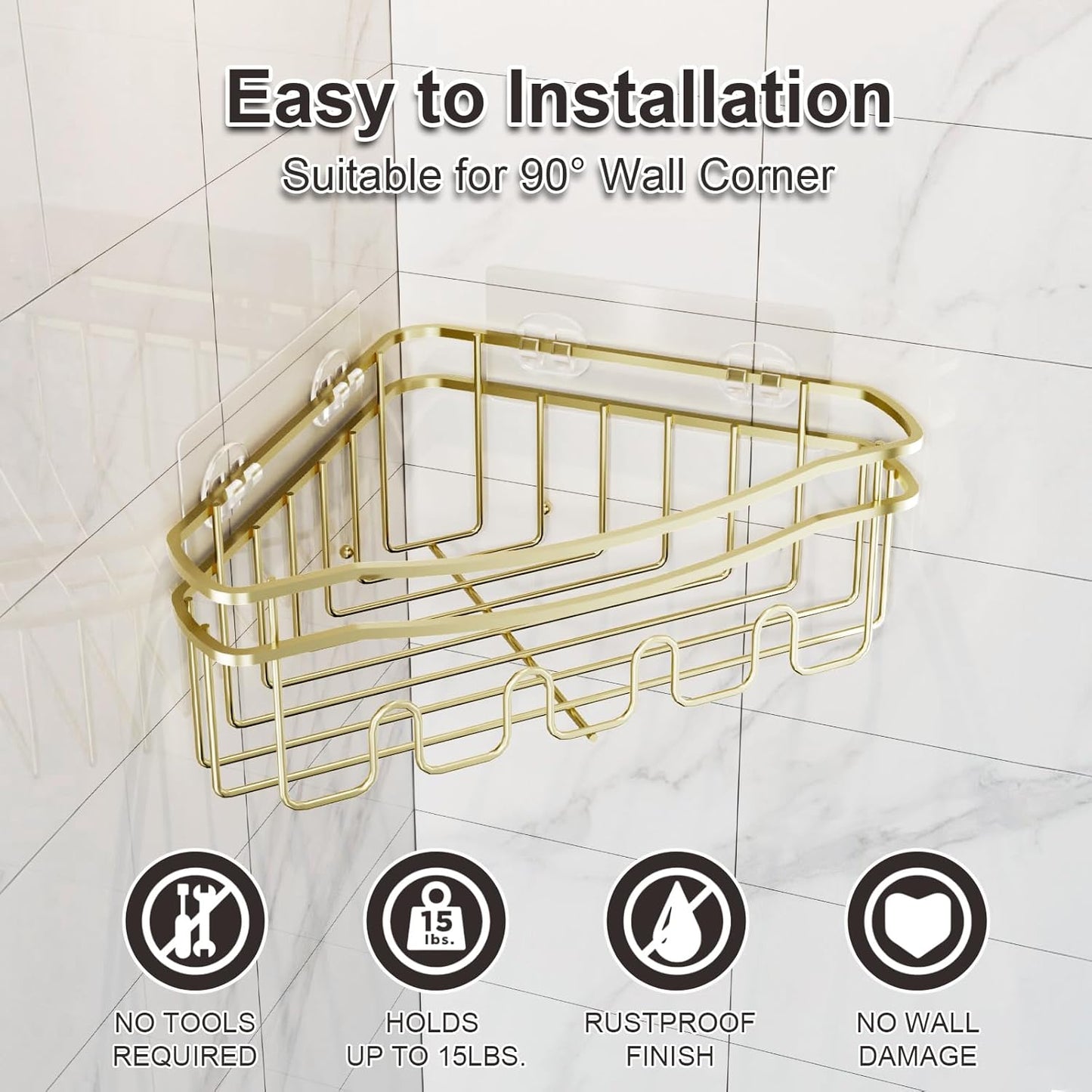 Gold corner shower caddies with depth caddy and Built in 12 hooks rustproof wall mounted No drilling No marring adhesive bathtub corner organizer for bathroom kitchen and laudry room