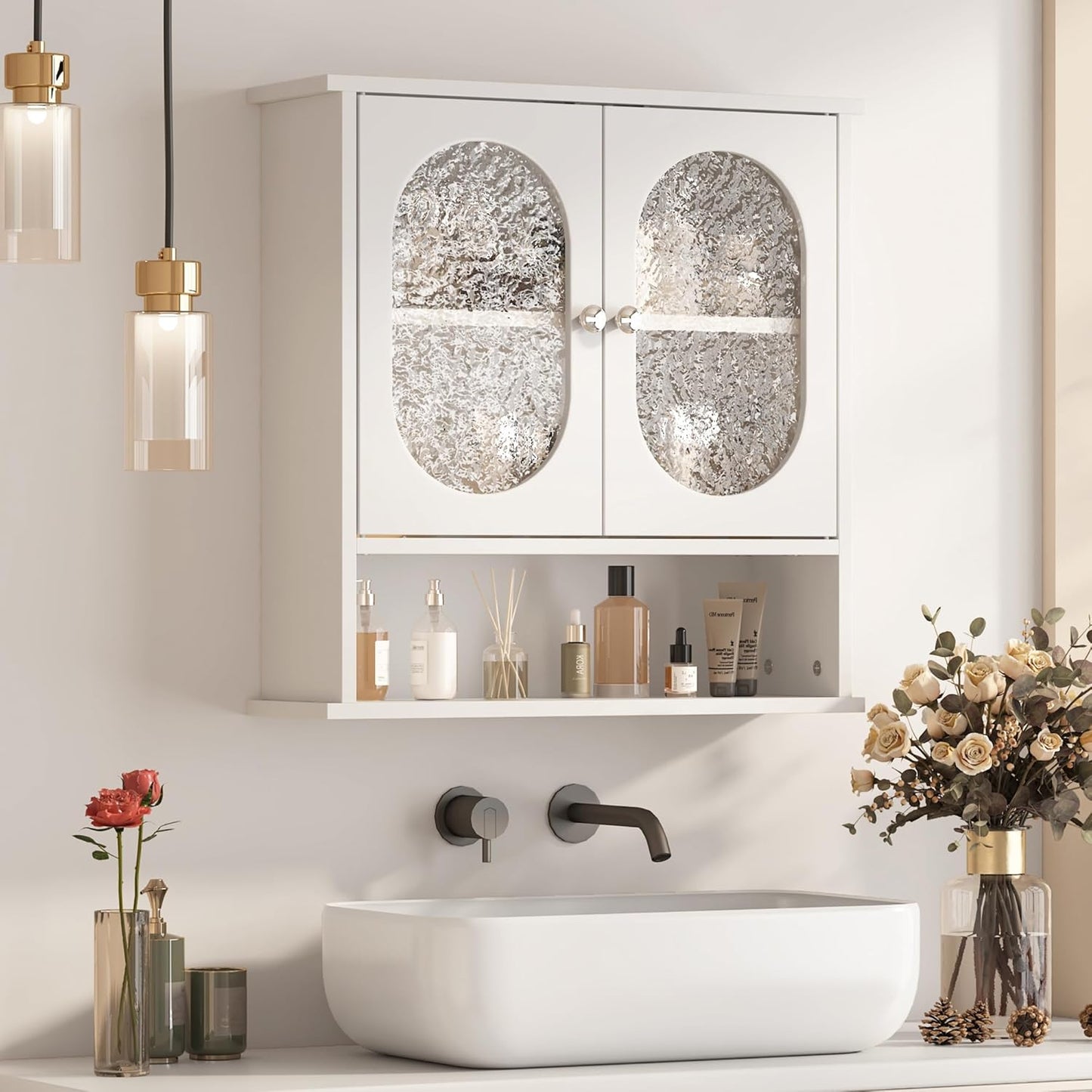 Medicine Cabinet for Bathroom,2 Acrylic Doors White Oval Bathroom Wall Cabinet,Over Toilet Storage Cabinet for Laundry Room/Kitchen/Living Room,Surface Mount Medicine Cabinets 23x24