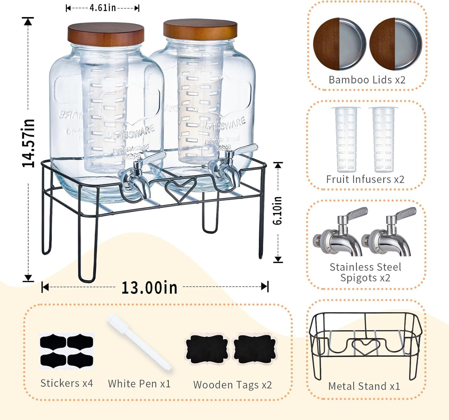 2 Pack1Gallon Glass Drink Dispensers with Stand&Bamboo Lids&Fruit Infuser,304 Stainless Steel Leak-Proof Spigot,Beverage Dispenser for Parties,Water Sangria Juice Sun Tea Lemonade(Brown)