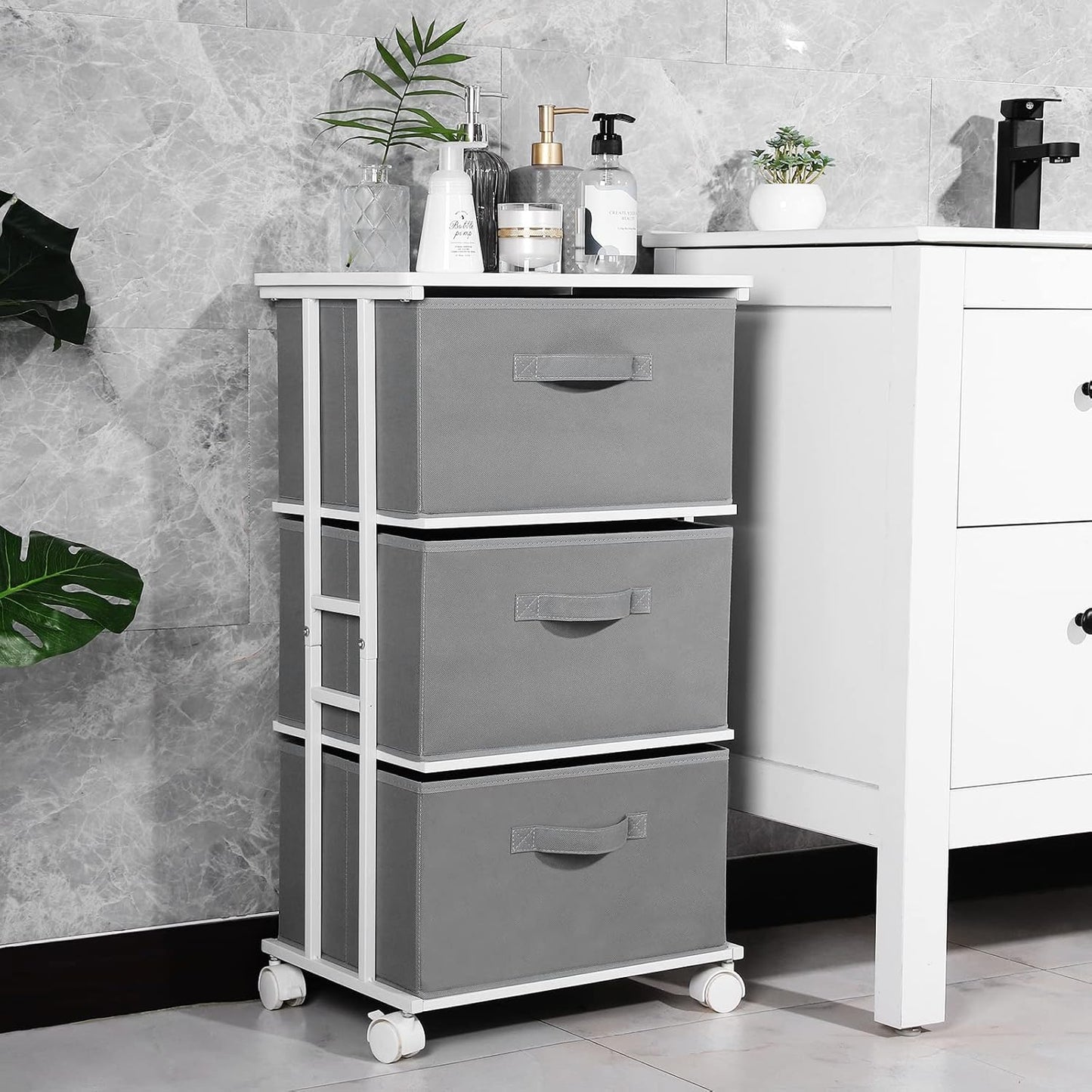 MAX Houser Dresser Tower with 3 Drawers,Fabric Dresser Drawer Organizer Unit,Dresser Chest with Wood Top,Vertical Storage Dresser,Small Dresser for Bedroom,Office-Dark Grey