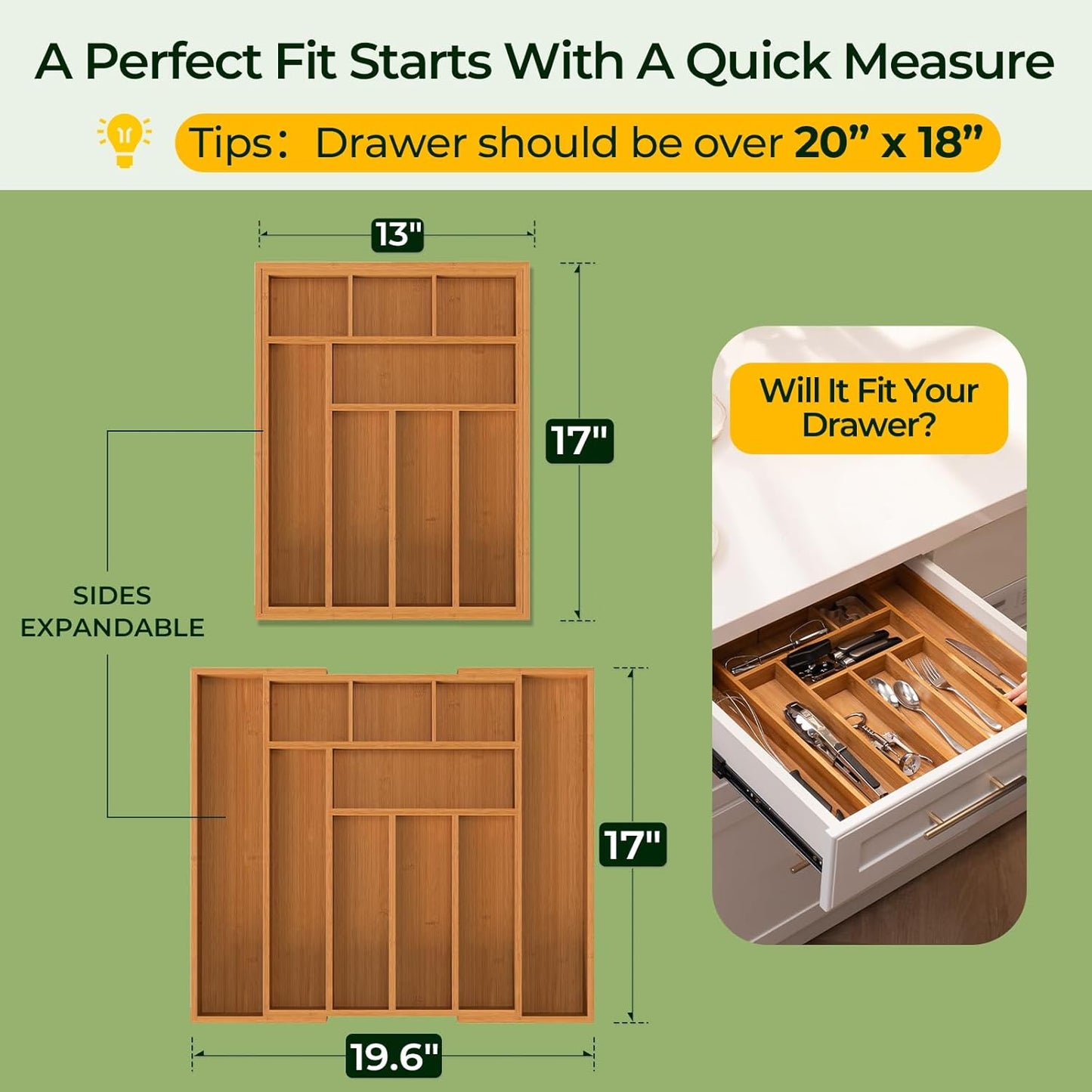 Carbonized Bamboo Kitchen Drawer Organizer, 10 Slots Expandable Silverware Organizer, Utensil Holder & Cutlery Tray, 2.2" Deep for Extra Capacity, Non-Slip Feet Included