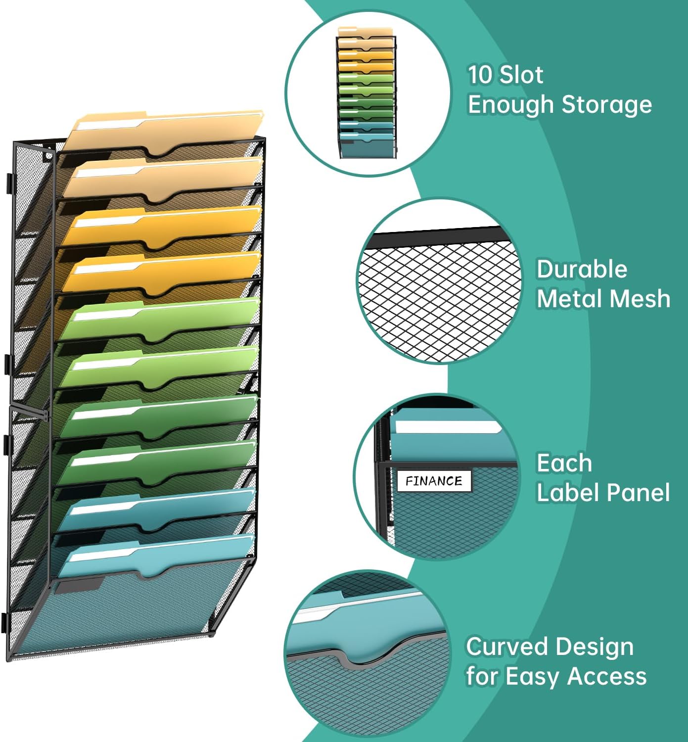 SUPEASY 10-Tier Wall File Organizer Mesh Office Mail Holder, Hanging Wall Organizer Magazine Rack for Office Black