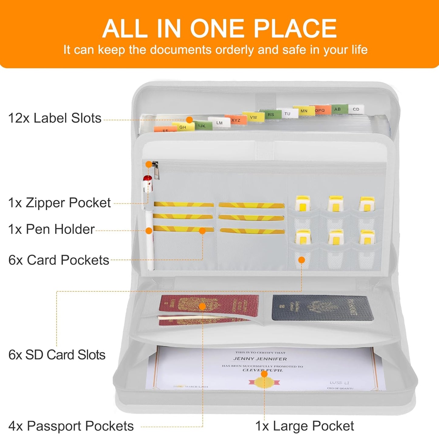 Accordion File Organizer,13 Pockets Fireproof Expanding File Folder with Multi Pockets,Portable Business Fire Safe Storage Document Organizer Folder with Zipper for Documents and File,Silver