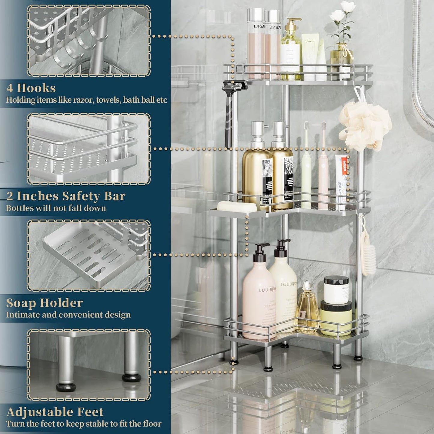 Consumest Corner Shower Caddy Standing - 3-Tier Stainless Steel Shower Organizer with Soap Holder and 4 Hooks, Large Capacity Corner Shelf Stand for Bathroom, Rest Room, Silver