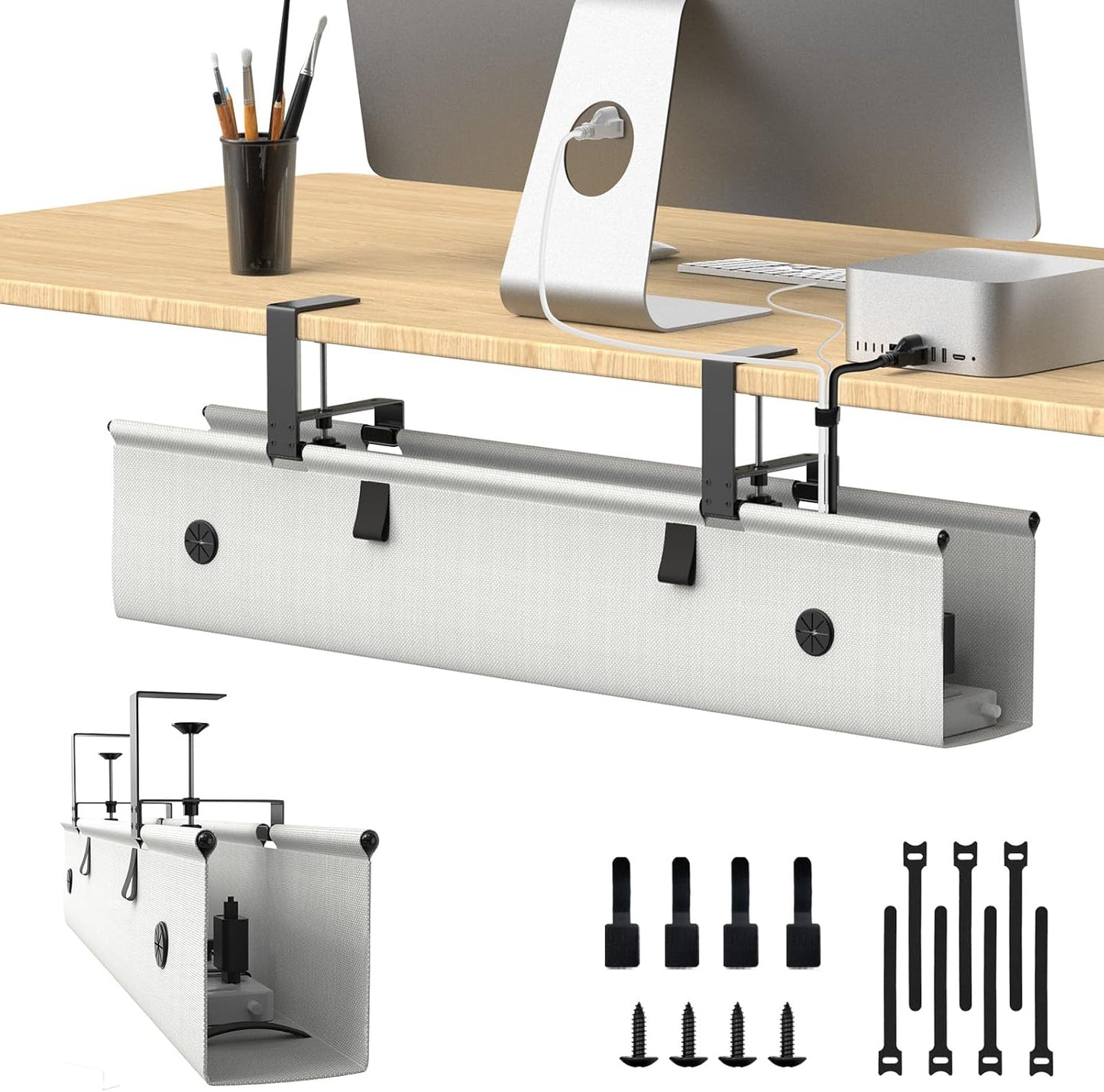 Under Desk Cable Management Tray, 30-inch No-Drill Cord Organizer with Anti-Sag Reinforced Base, Fabric Wire Management Hider for Standing Desk, Office & Gaming Accessories - Grey