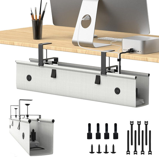 Under Desk Cable Management Tray, 30-inch No-Drill Cord Organizer with Anti-Sag Reinforced Base, Fabric Wire Management Hider for Standing Desk, Office & Gaming Accessories - Grey