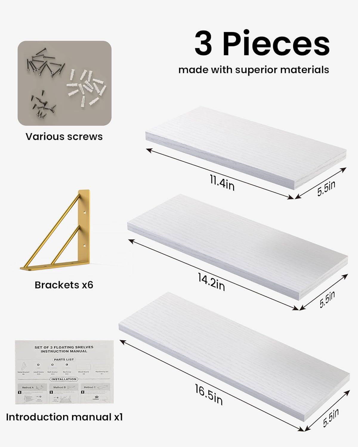 BAYKA Wall Shelves for Bedroom Decor, Floating Wall Shelves for Living Room Kitchen Storage, Wall Mounted Rustic Wood Shelves for Kids Books,Corner Shelves for Bathroom(White and Gold，Set of 3)