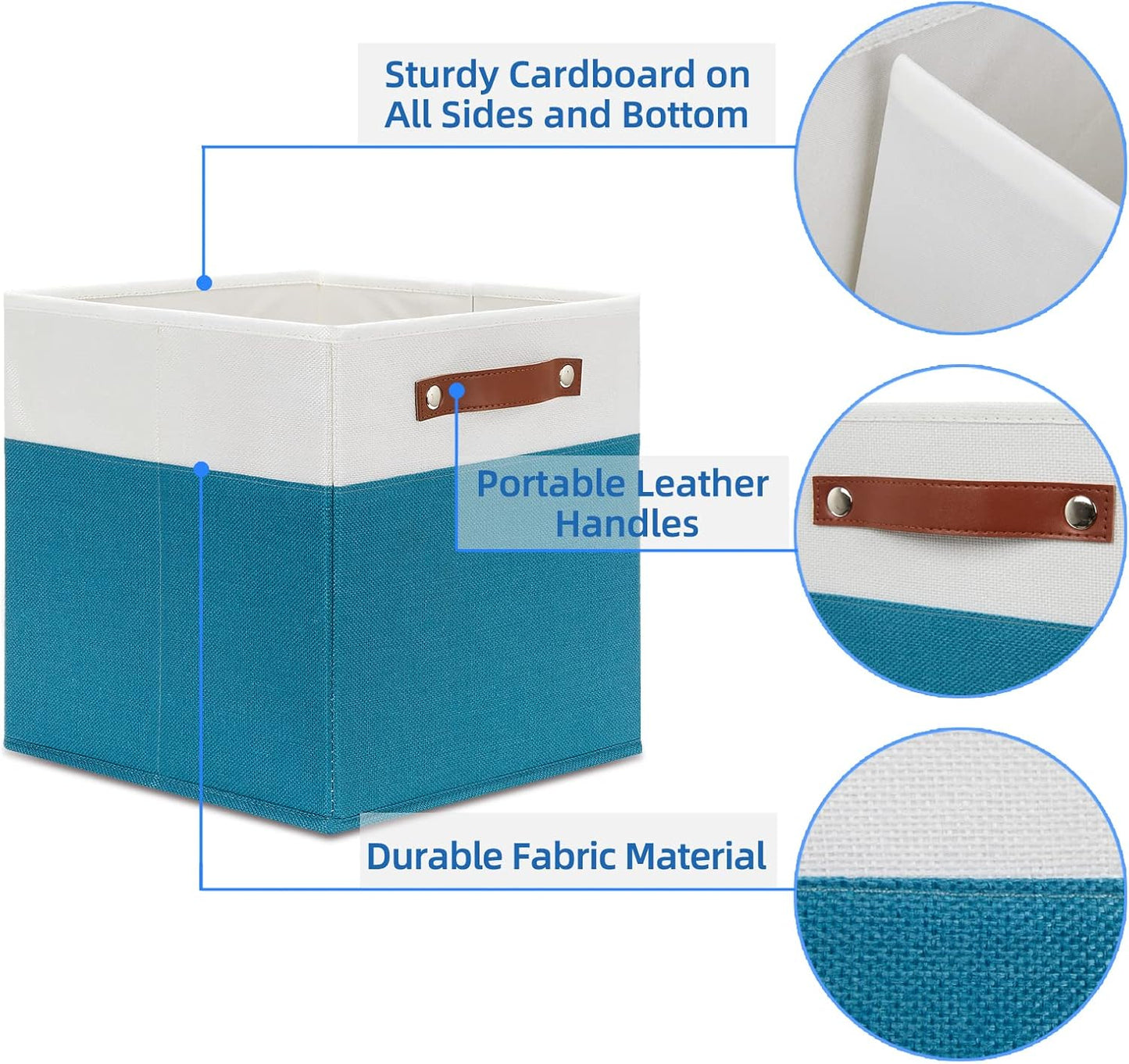 Temary Fabric Storage Bins - 12x12 Cube Baskets for Shelves & Closet with Leather Handles (White & Teal)