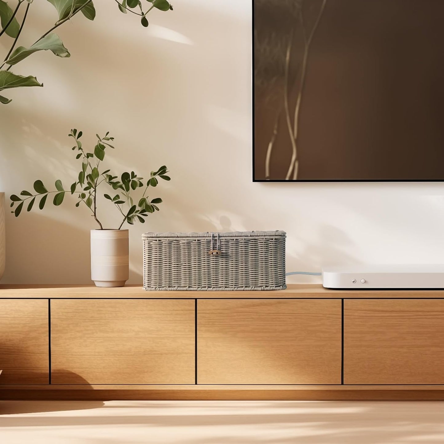 BROWNLILY Cable Management Box, Rattan Style Cord Organizer for Desk Cord Hider Outlet Covers Baby Proofing for Power Strip TV PC Router Charger Under Desk Storage with Lockable Lid and Cable Ties