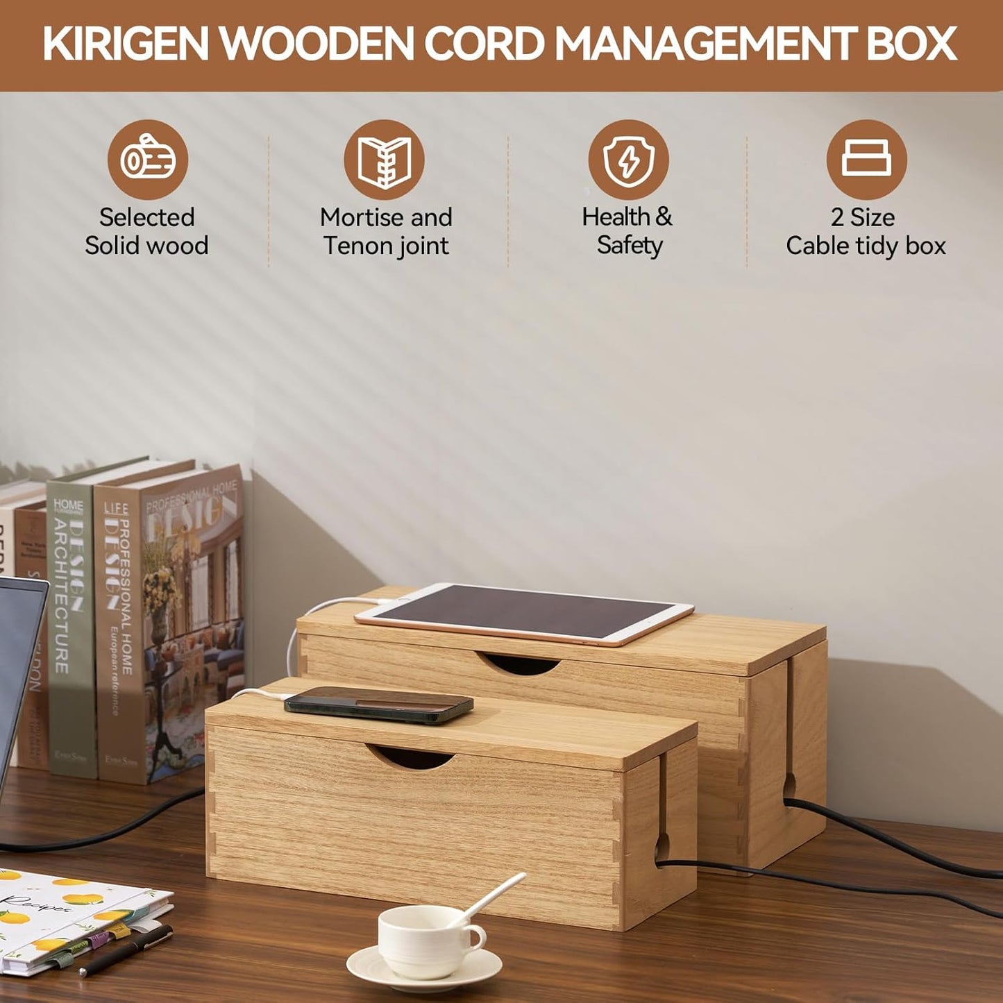 KIRIGEN Cable Management Box Wooden Cord Organizer Hide Power Strip Desk Wires Protector for Home Office TV Computer (DXH2T-NA)