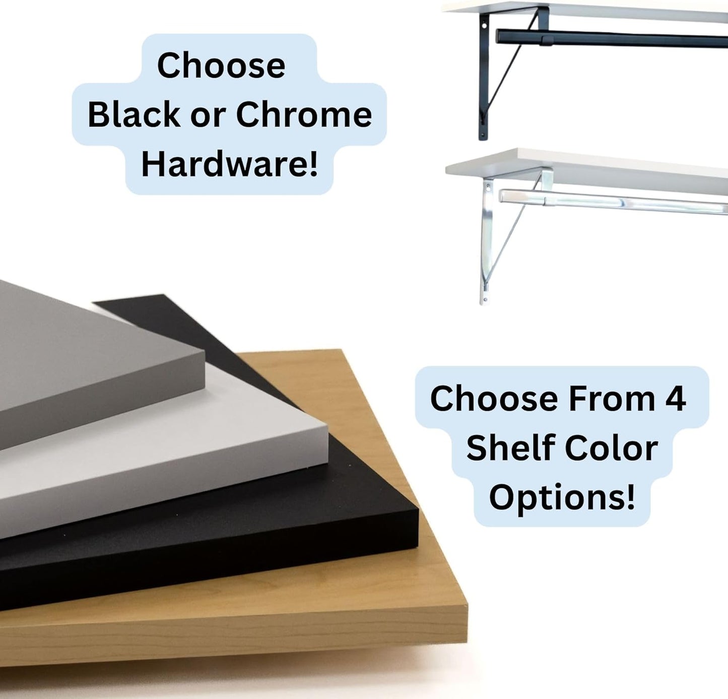 Custom Cut-to-Size Premium Wall-Mounted Shelf with Rod and Bracket Kit. 3/4" Thick Shelves, 14 inches deep. Customize The Length from 16" up to 72".