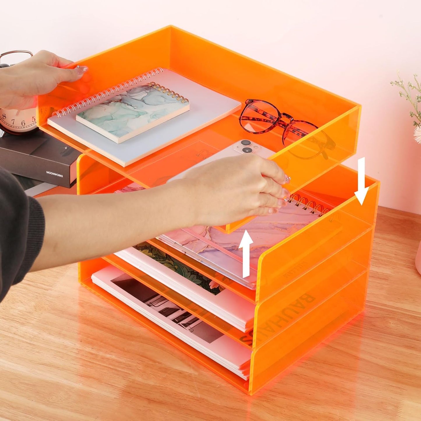 Acrylic File Organizer for Desk 4 Tiered Stackable Letter Tray Office Paper Storage Desktop Document Sorter, Neon Orange