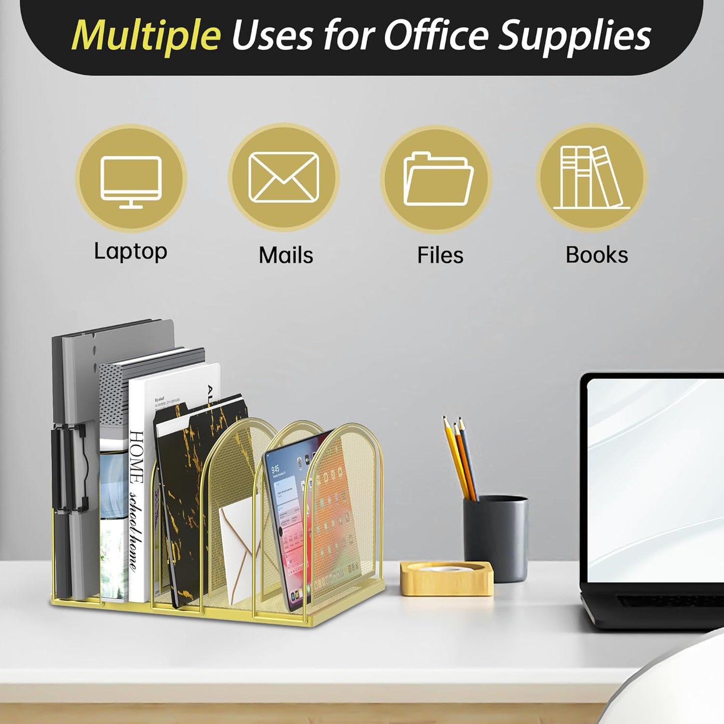 SUPEASY File Organizer for Desk, 5-Section Mesh Desk Organizer, Vertical File Holder Desktop Organizer File Sorter, File Folder Holder for Office Supplies, Gold