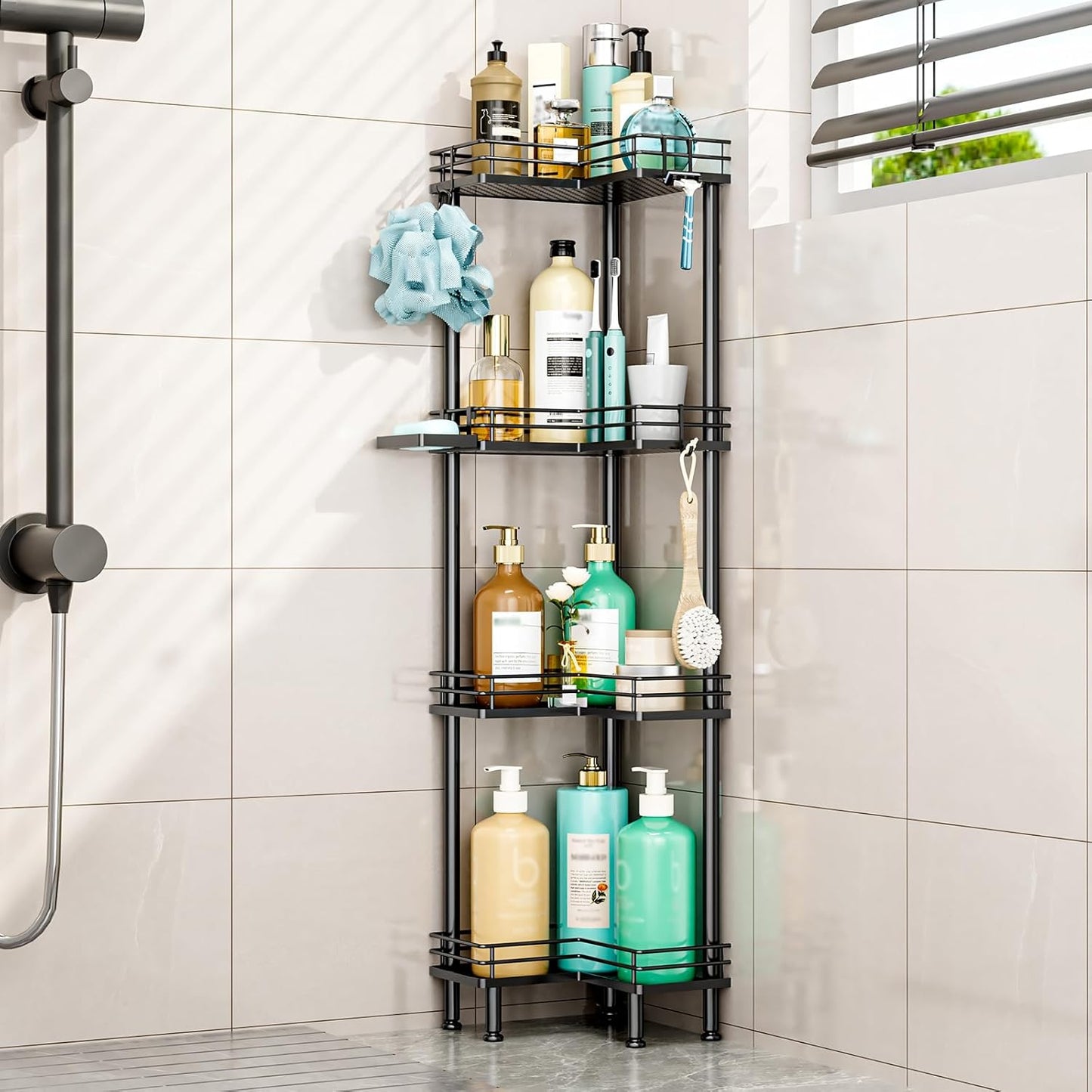 HapiRm Corner Shower Caddy Organizer - 4 Tier Shower Shelf Corner with Soap Holder, Rustproof Bathroom Standing Organizer with 4 Hooks, Black