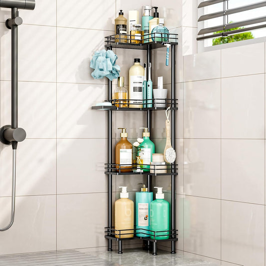 HapiRm Corner Shower Caddy Organizer - 4 Tier Shower Shelf Corner with Soap Holder, Rustproof Bathroom Standing Organizer with 4 Hooks, Black
