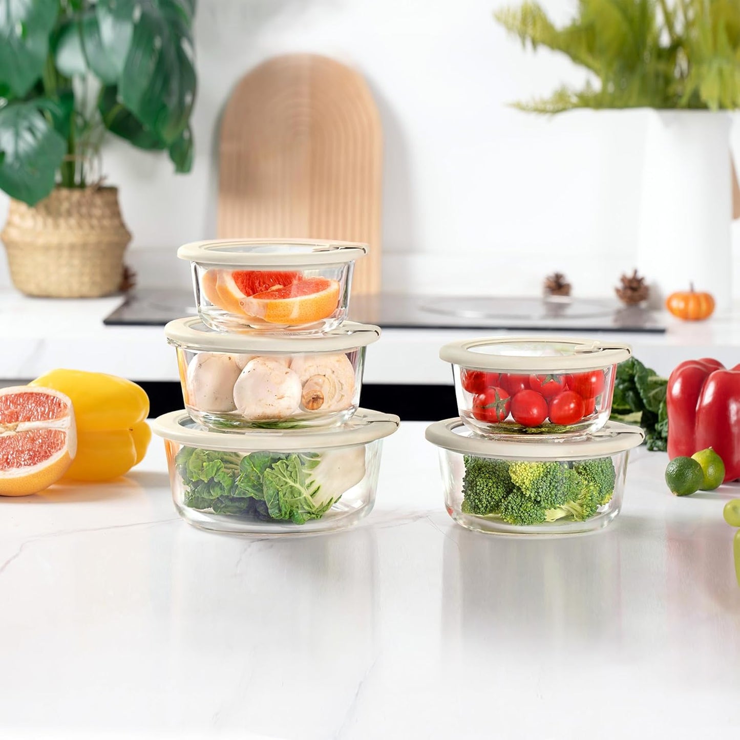 Urban Green Glass Food Storage Containers with Glass Lids, Microwave Safe Food Container Set, Aitight Meal Prep Container Set, LeakProof, 100% Plastic Free, 5 Pack