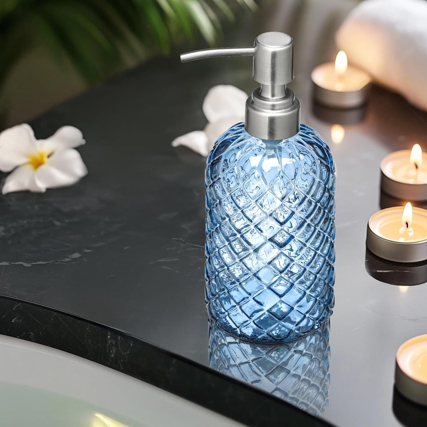 Blue Glass Soap Dispenser Gem Patterned with 304 Stainless Steel Pump 18 oz for Kitchen Dish Soap and Bathroom Hand Soap Bottle
