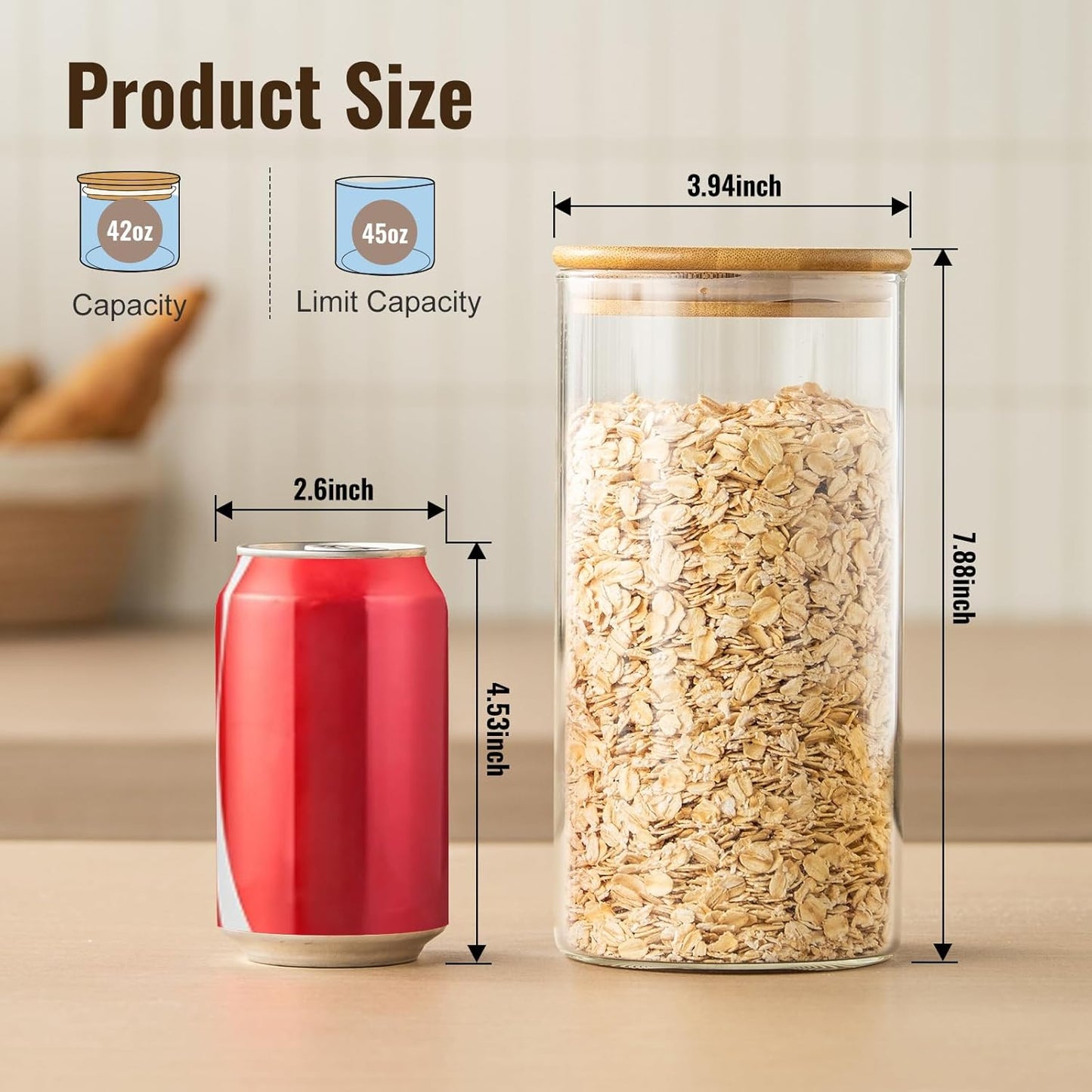 4 Pack 42oz Glass Jars with Bamboo Lids,Glass Storage Containers with Lids,Clear Airtight Food Storage Jar for Flour,Oat,Coffee,Tea,Sugar,Cookies,Pantry Organizers 3mm Thick Canisters