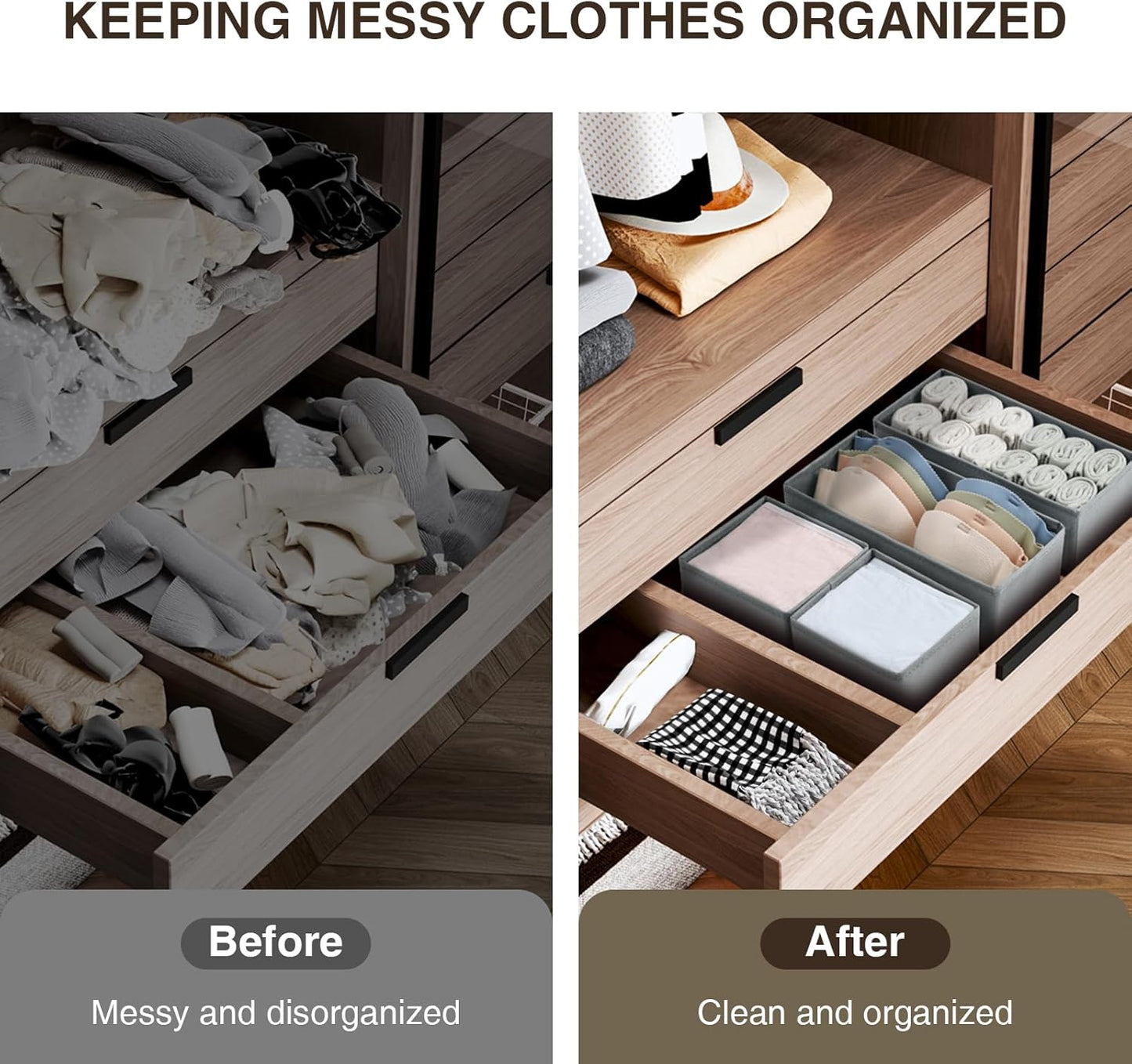 DIMJ Drawer Organizers Clothes, Set of 4 Dresser Organizer Bins, Fabric Closet Organizers and Storage, Shallow Drawer Dividers for Nursery, Clothing, Baby Clothes, Socks, Underwears, Tie (Grey)
