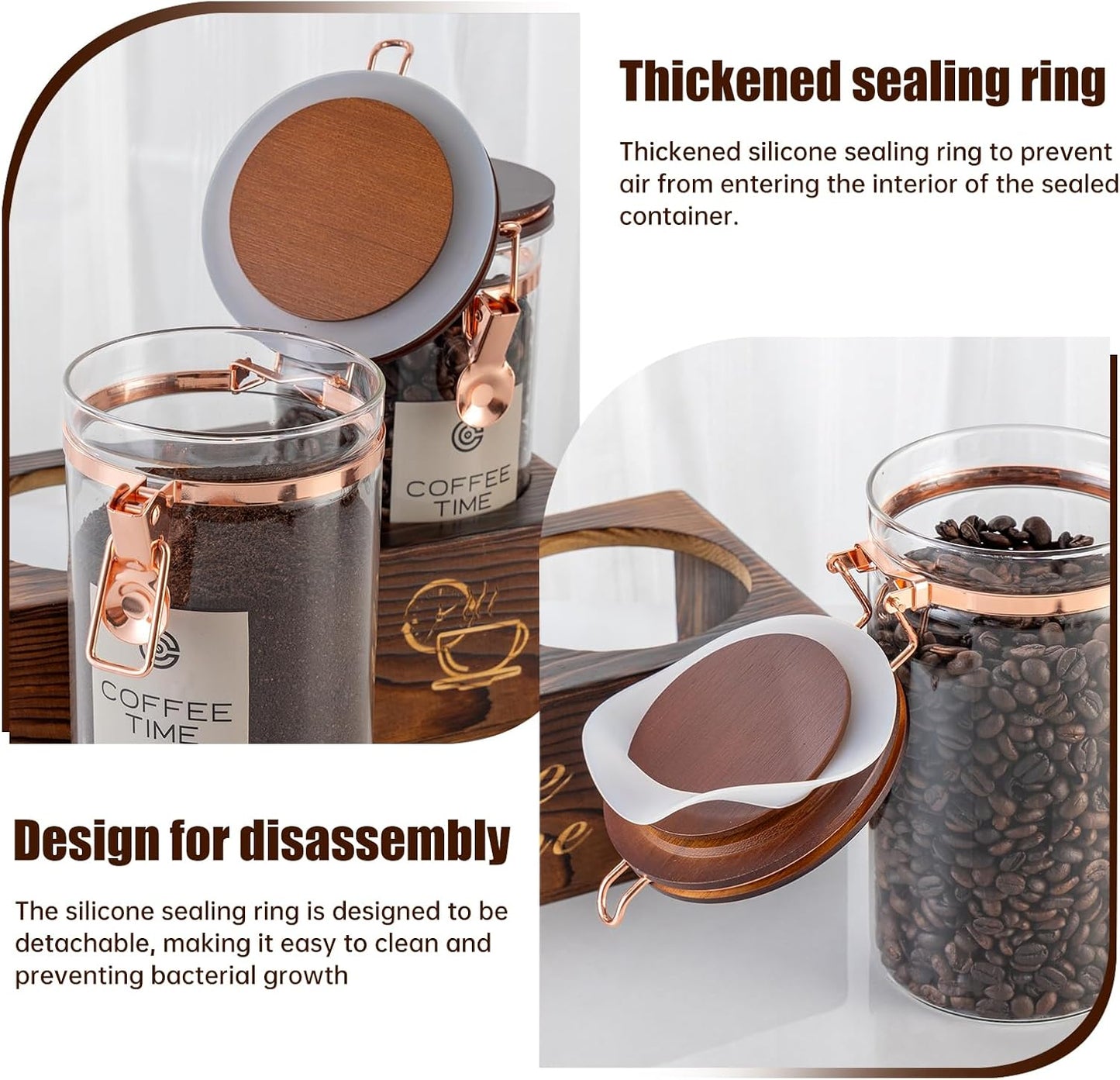 2-Piece Borosilicate Glass Coffee Storage Jars with Wooden Stand & Spoon - Airtight Sealed Containers for Coffee Beans, Ground Coffee, Tea - Clear Glass Canisters for Kitchen Countertop