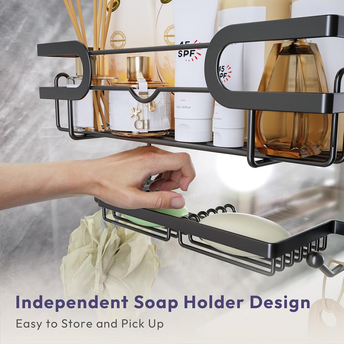 SWTYMIKI Over The Door Shower Caddy With Double Soap Holder, Hanging Shower Caddy With 16 Hooks, No Drilling Hanging Shower Organizer Over Door To Organize Bathroom Essentials, Black