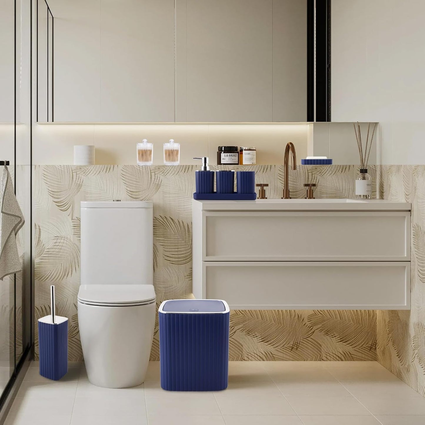 Bathroom Set with Shower Curtain and Rugs- 25PC Bathroom Accessory Set, Navy Blue Shower Curtain Set, Toilet Brush, Trash Can, Qtip Holder Dispenser & Soap Dispenser