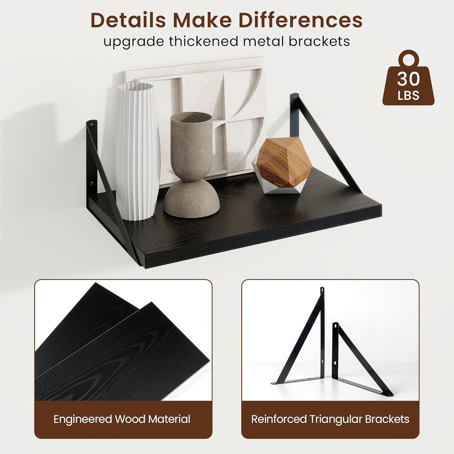 Axeman Black Floating Shelves for Wall - 10 Inch Deep Floating Shelves Set of 2-16 Inch Wide x 10 Inch Deep Black Wall Shelves for Living Room Bathroom Bedroom