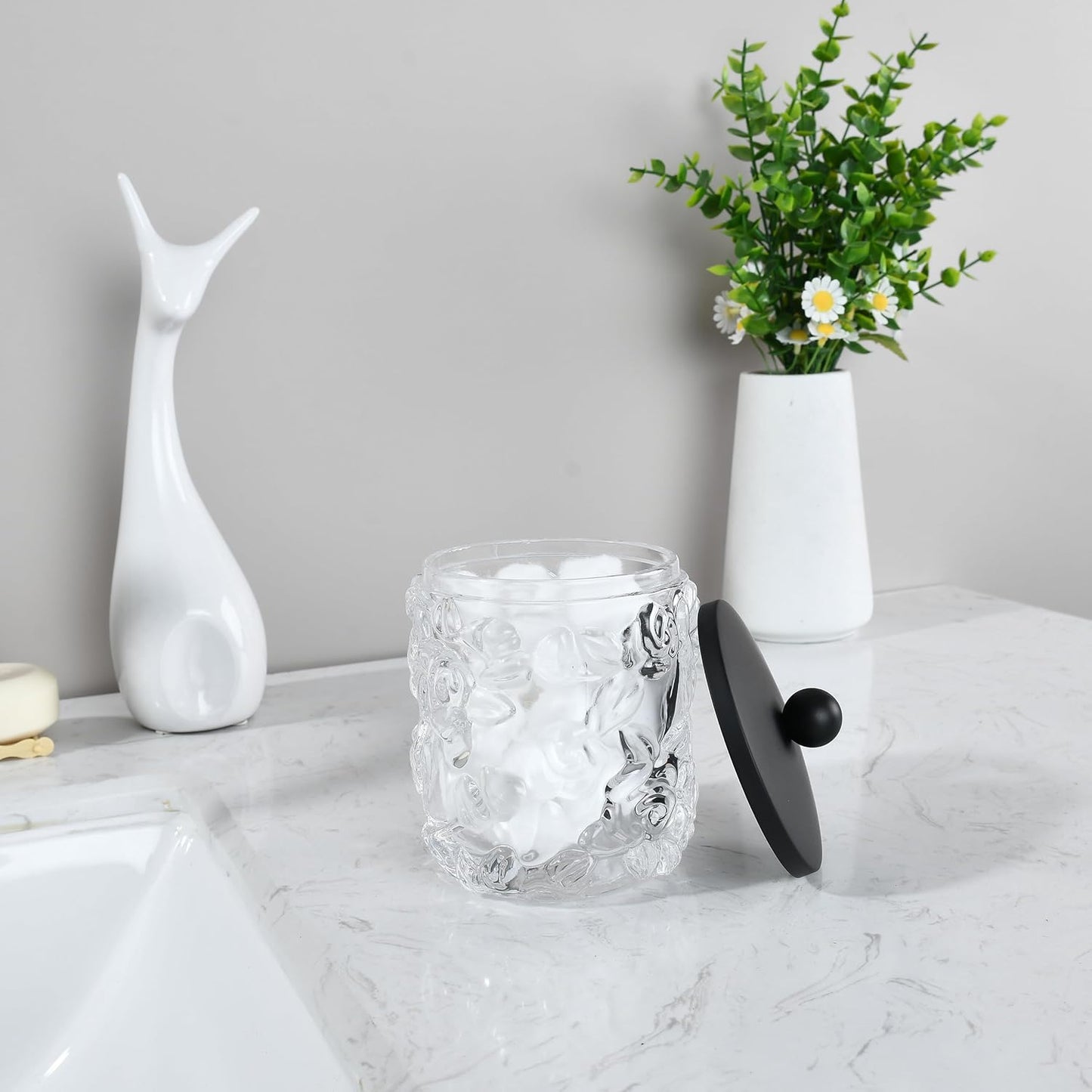 Clear Transparent Apothecary Floral Embossed Glass Jar With Matte Black Metal Lid Cover for Bathroom Organization, Cotton Balls, Q Tips, and Small Accessories, Bathroom Storage