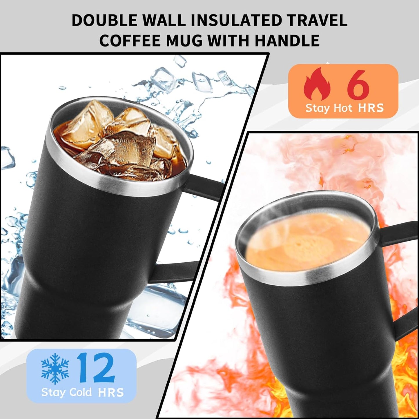 20oz Insulated Tumbler with Handle Stainless Steel Travel Coffee Mug with Lid and Straw Double Wall Vacuum Leak-proof Reusable Thermal Water Cup for Hot and Cold Drinks (Black,1 Pack)