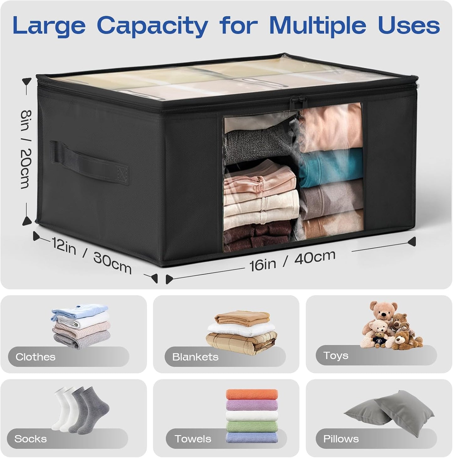 Clothes Storage Bags, Foldable Thick Fabric Blanket Storage Bags, Large Clear Window & Carry Handles, Great for Clothes, Blankets, Closets, Pillows, Toys (Black, 4PACK)