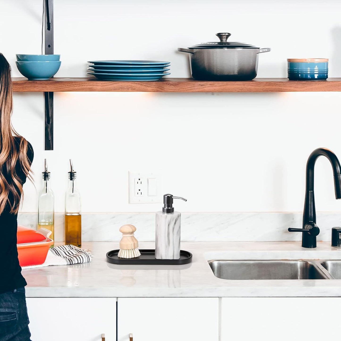 Luxspire Bathroom Vanity Tray Kitchen Soap Tray, Oval Toilet Tank Tray, Bathroom Countertop Organizer Tray for Jewelry Perfume Soap Dispenser Candle - 9.8 Inch, Matte Ink Black