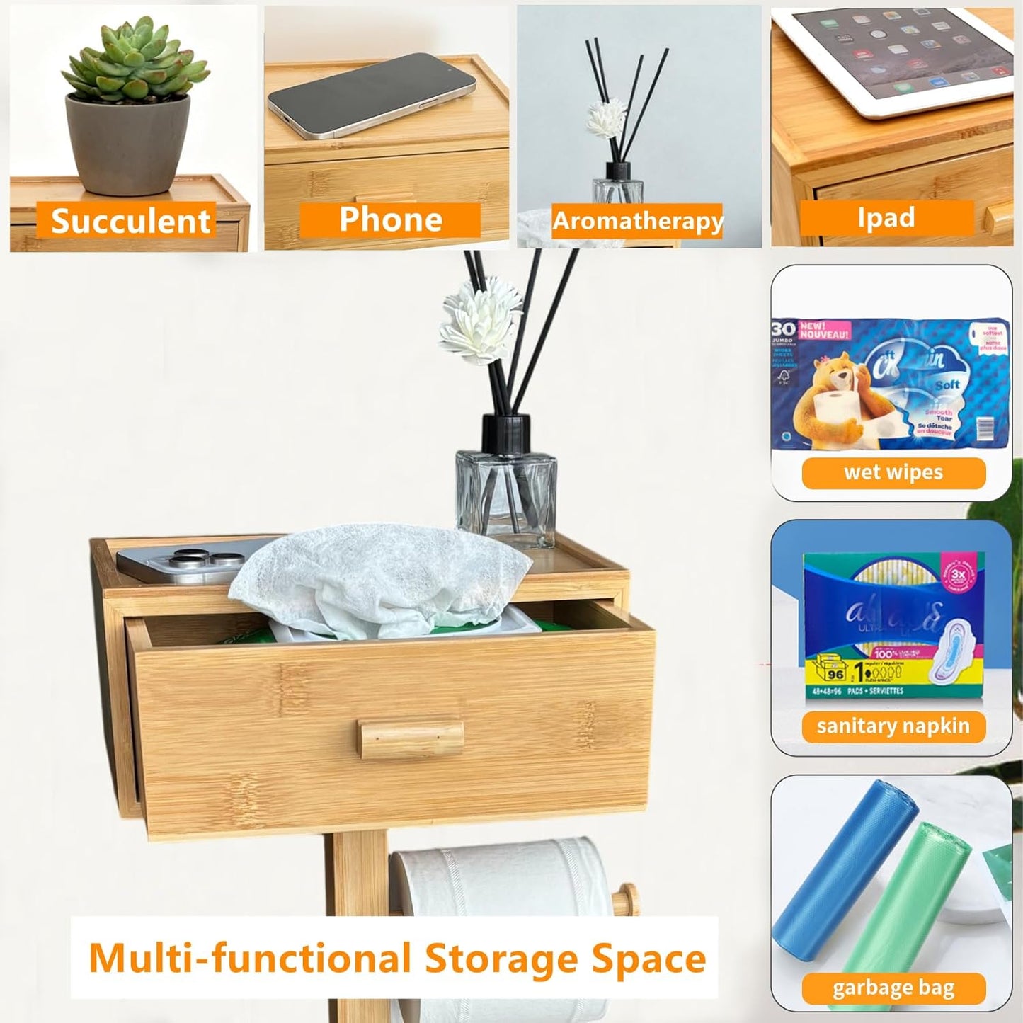 Freestanding Toilet Paper Holder Stand with Shelf, Bamboo Toilet Paper Roll Holder with Wet Wipes Storage Drawer,Bathroom(2 Rods,Stores 6 Rolls)