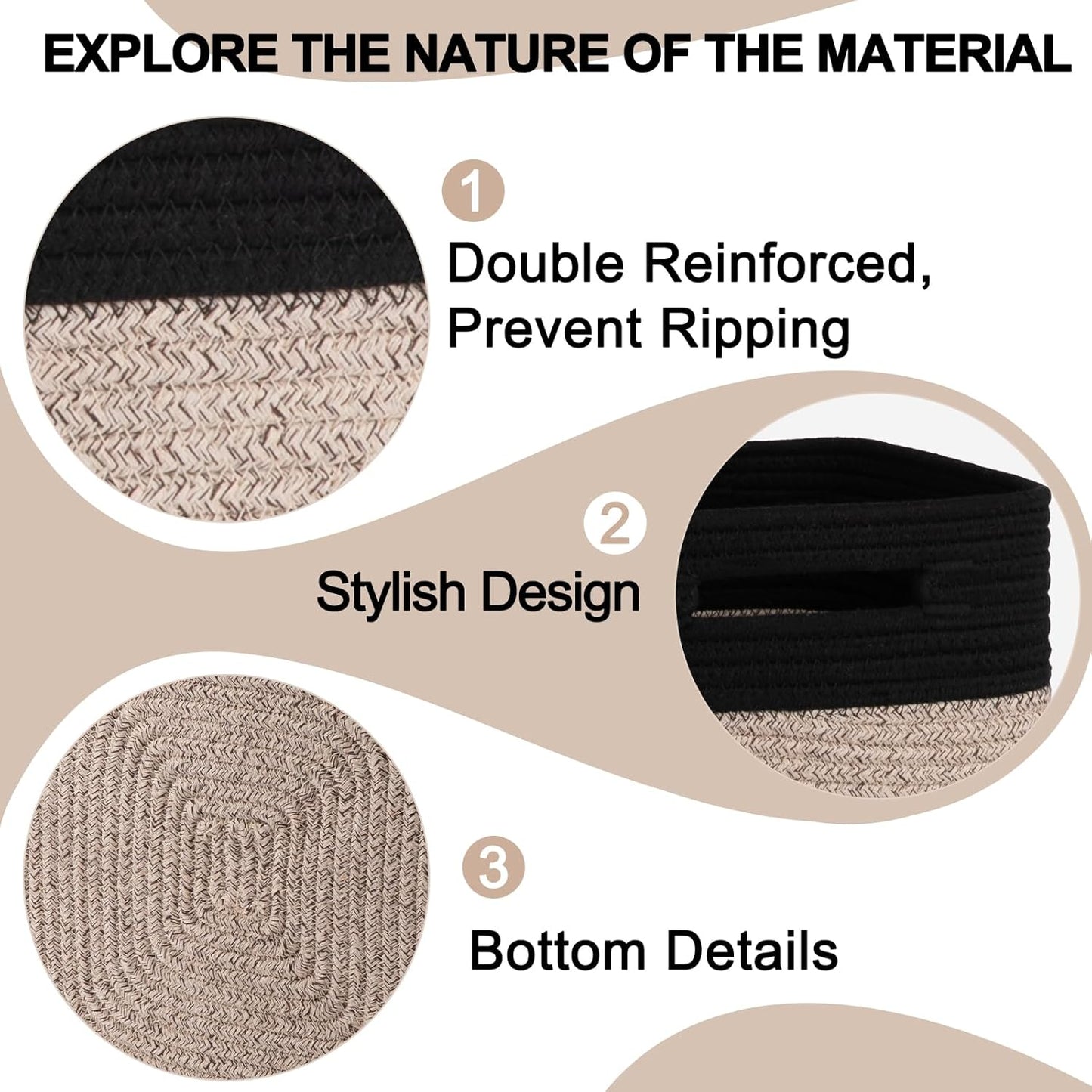 OIAHOMY Cube Storage Basket, 3-Pack Woven Cotton Rope Baskets for Storage, 11-Inch Cube Basket with Handles, Great for Shelves, Closets, Children's Toy Storage and Organization-Black & Brown