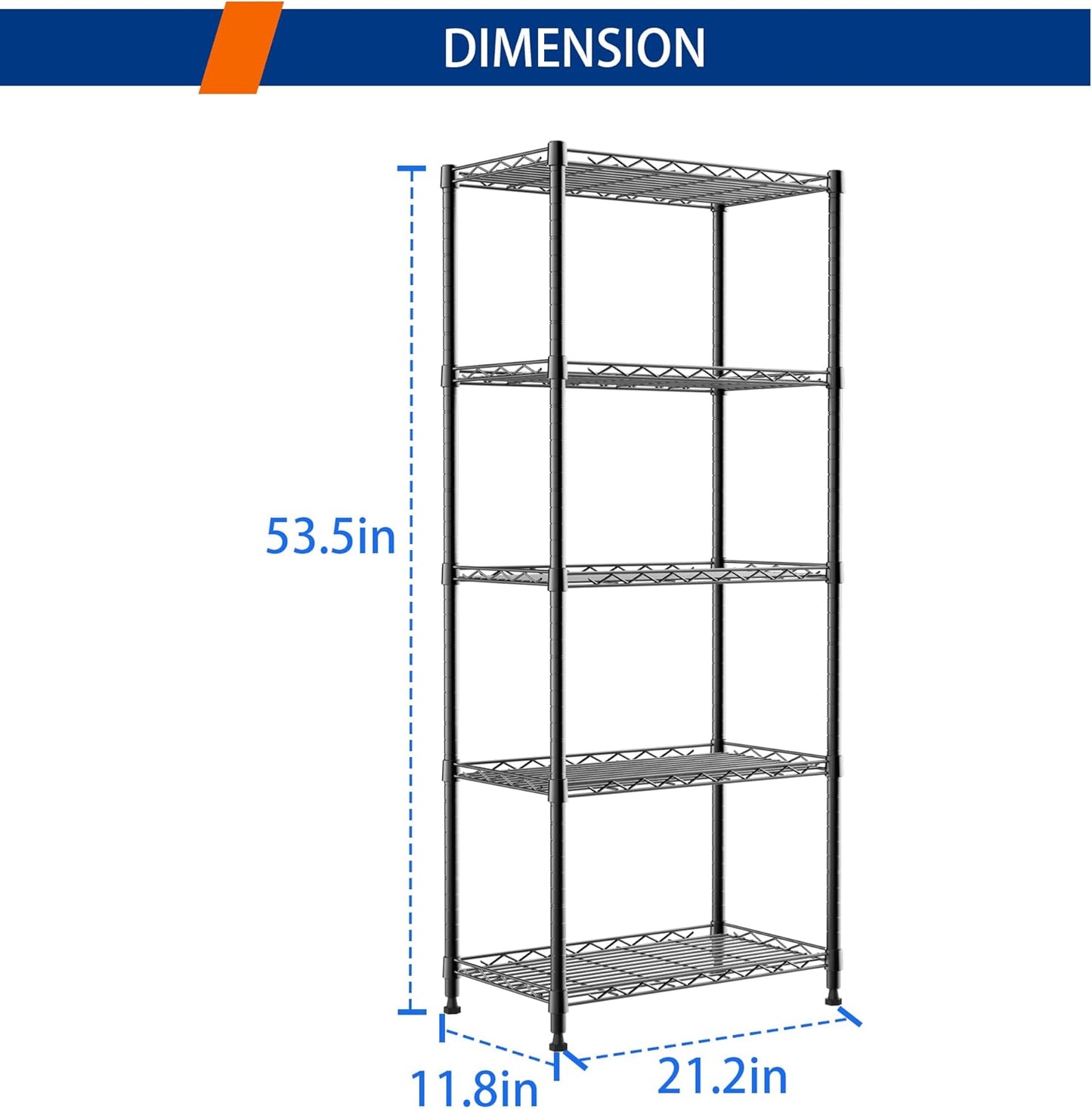 REGILLER 5-Wire Shelving Metal Storage Rack Adjustable Shelves,Standing Storage Shelf Units for Laundry Bathroom Kitchen Pantry Closet(Black,11.8" D x 21.2" W x 53.5" H)