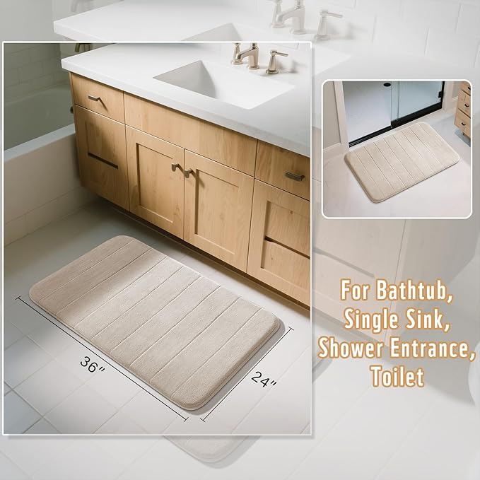 Yimobra Large Bath Mat 36"x24", Super Soft Quick Dry Memory Foam Bathroom Rug, Water Absorbent, Non Slip Backing Machine Washable for Tub Shower, Thick Comfort Support, Beige