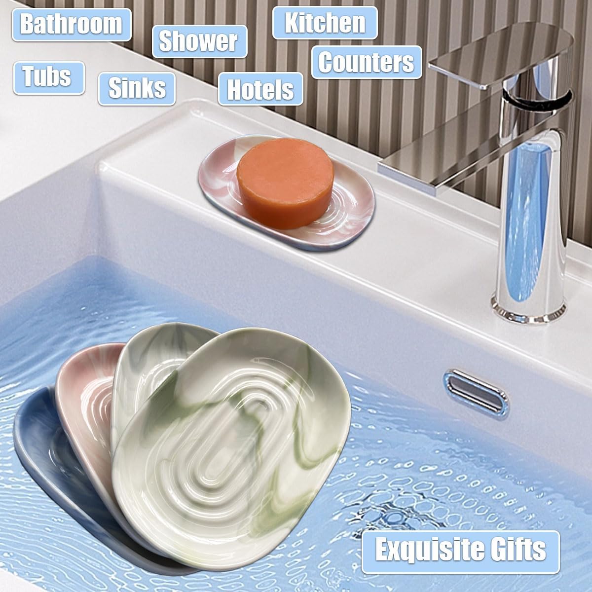 Soap Dish Ceramic, Decorative Ceramic Soap Holder with Unique Marble Textures, Bar Soap Holder for Shower, Bathroom, Kitchen, Tubs, Sink, Hotels, Counters (Blue Texture)