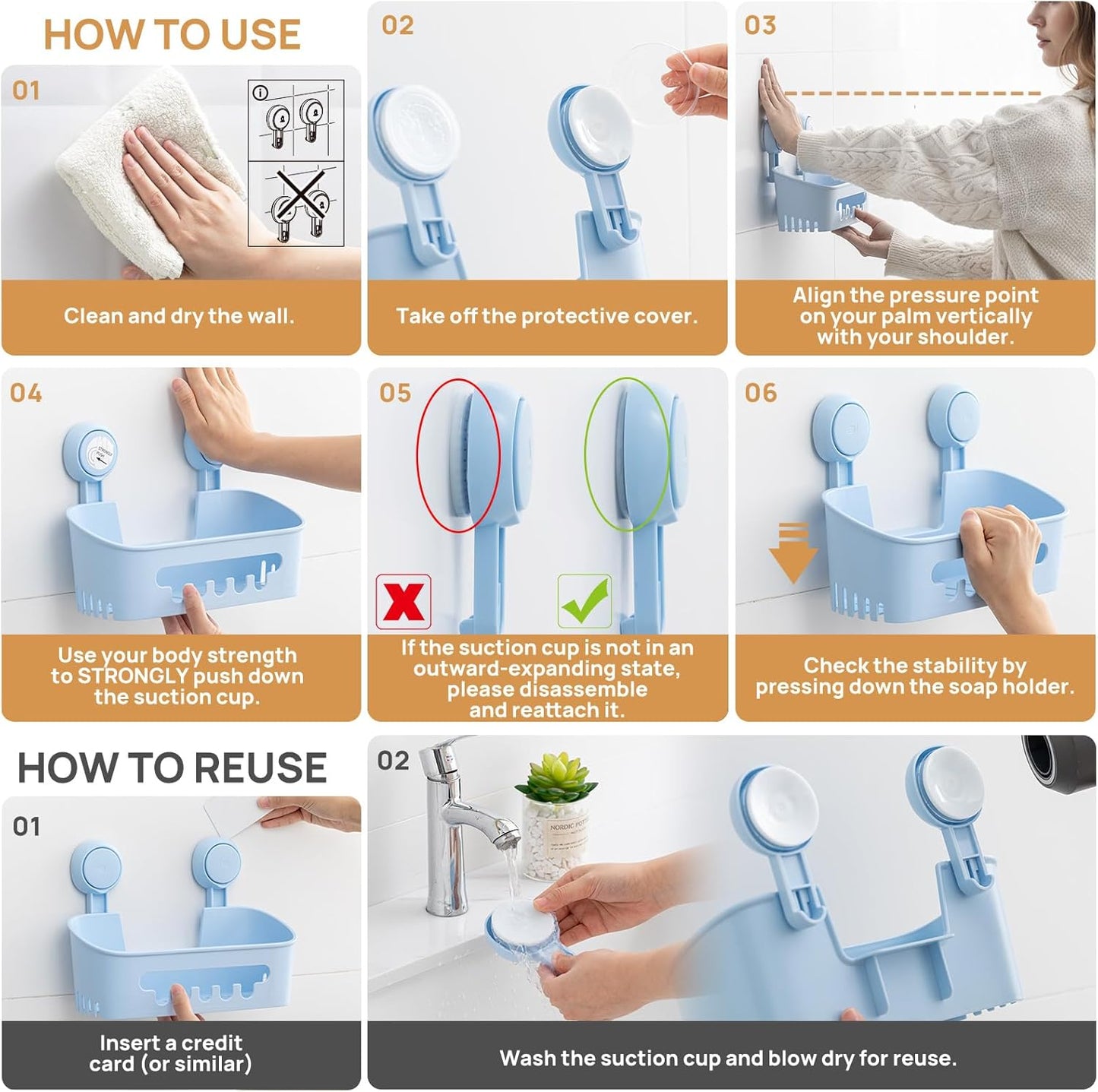 LEVERLOC Shower Caddy Suction Cup 2 Pack, Shower Organizer Removable Bathroom Shelf, Storage Suction Powerful Max Hold 22lbs Bathroom Caddy Waterproof Holder, Blue