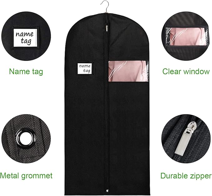KEEGH Garment Bags for Hanging Clothes 60" (Set of 6) Dress Bags for Gowns Long Dress Bags for Closet Storage with Zipper and Eye-Hole for Folding for Suit Coats Dresses, Black