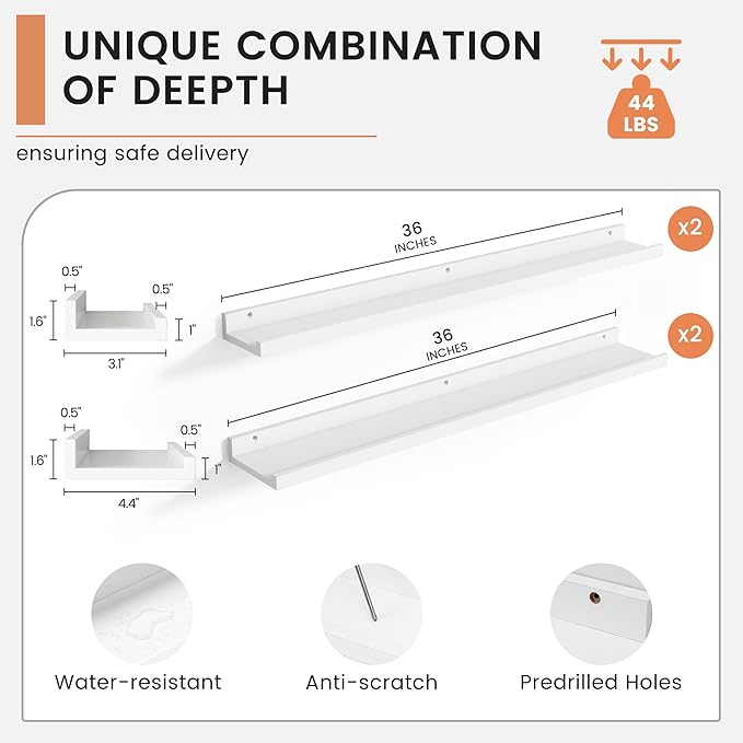 Floating Picture Ledge Shelves Set of 4, 36 Inch Shelves with Lip - Large Nursery Book Shelf for Toys Storage, Kids Bookshelf, Living Room, Bedroom Decor Frames