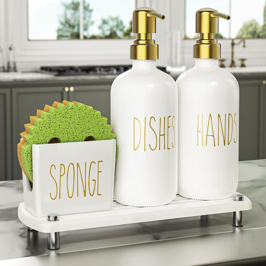 Cisily Kitchen Soap Dispenser Set Comes with Ceramics Sponge Holder, Gold Pumps, and Instant Dry Tray, Hand and Dish Soap Dispenser Set Suitable for Kitchen Decor and Accessories