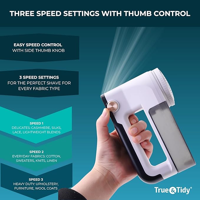 True & Tidy XL Rechargeable Fabric Shaver with Light, 6-Leaf Steel Blades, 3-Speed Motor, LED Digital Display, Lint Remover for Clothes, Furniture & Upholstery (White, Turbo)