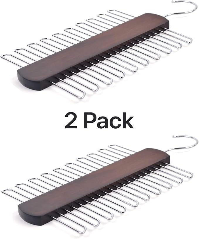 Umo Lorenzo 2 Pack Premium Wooden Necktie and Belt Hanger, Walnut Wood Center Organizer and Storage Rack with a Non-Slip Finish - 20 Hooks