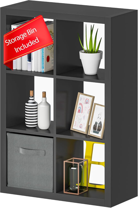 furtble Bookshelf with Storage Bins, 6 Cube Storage Organizer, Modern Wood Bookcase, Multifunctional Display Shelf for Living Room (Matte Black, 6 Cube)