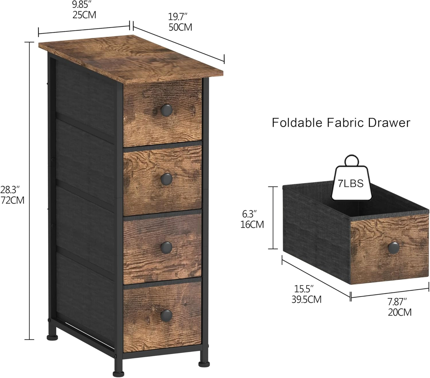 GiftGo Narrow Dresser Vertical Slim Dresser Chest of Drawers Skinny Storage Tower for Small Spaces Gaps Closet Bedroom Bathroom Small Fabric Drawer Unit (Rustic Brown, 4 Drawers)