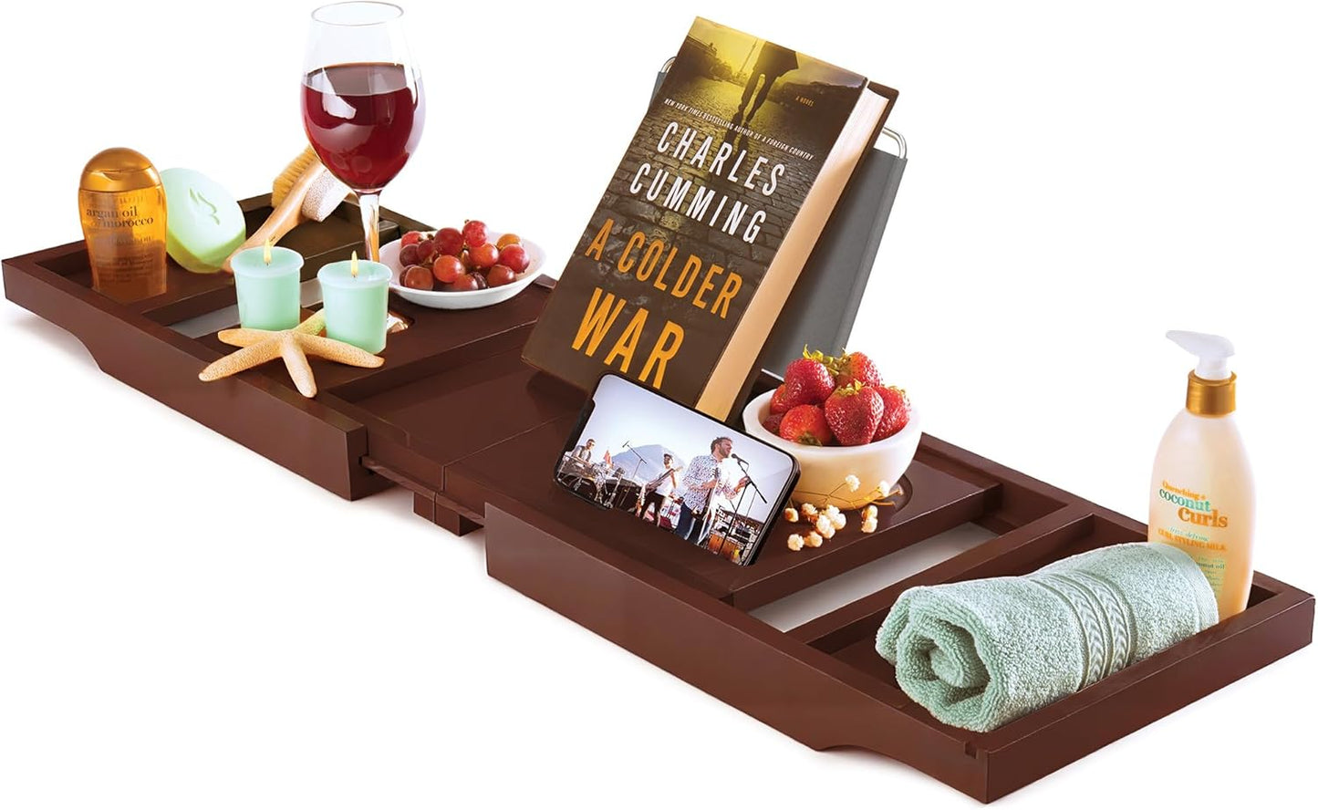 Bathtub Tray - Expandable Brown Bamboo Bath Tray for Tub with Wine Glass Holder, Book & Tablet Stand - Wooden Bathtub Caddy Tray for Bathroom Accessories, Spa Relaxation, Housewarming & Wedding Gift