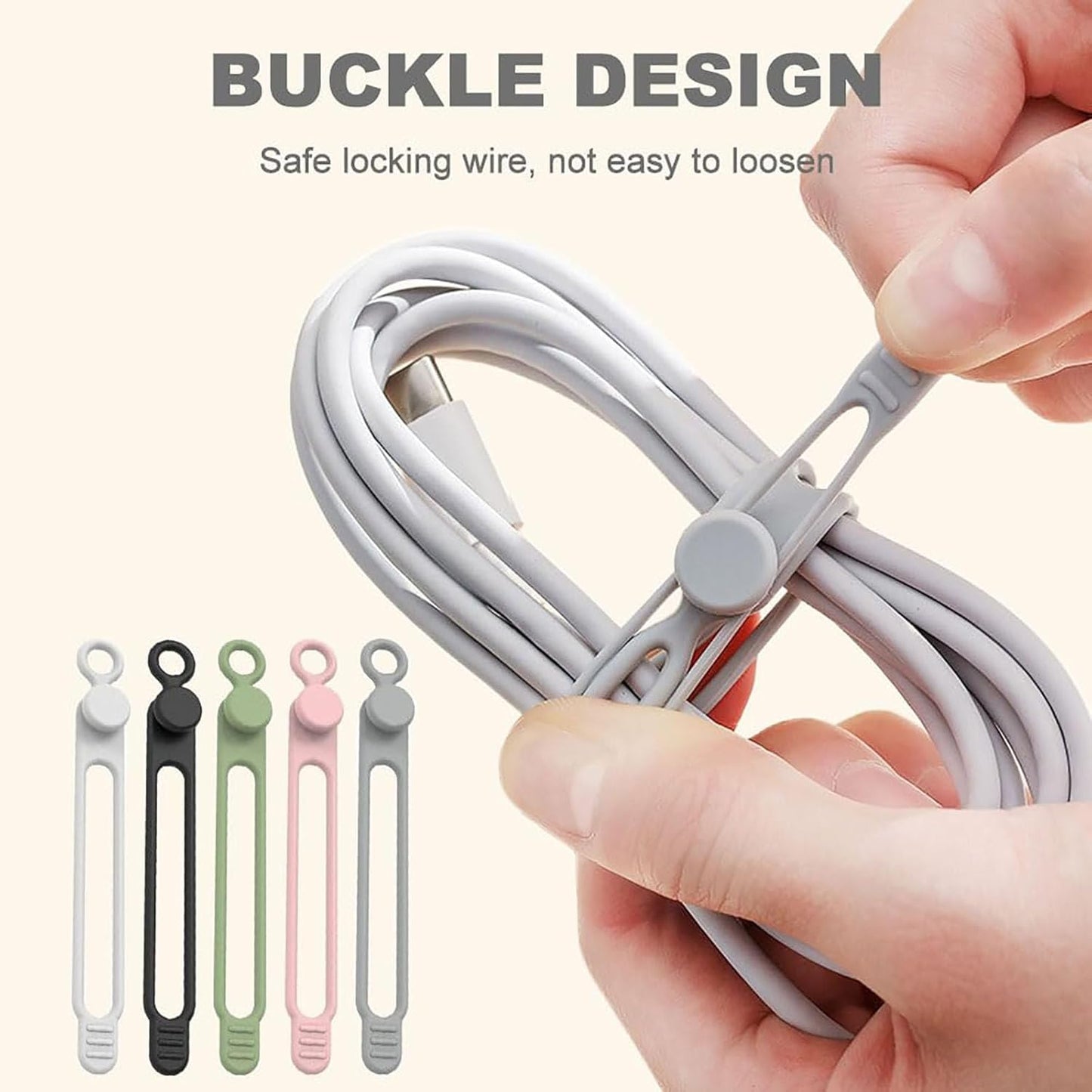 HISKI Silicone Cable Ties, Reusable Cable Management Organizer, Multipurpose Elastic Cord Organizer, Grey, 10 Pcs