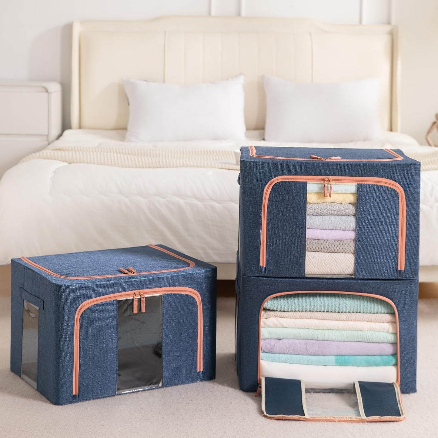 3 Pack 100L Stackable Clothes Storage Bins with Metal Frame Handles & Zipper, Collapsible Closet Organizer Box with Lid for Bedding Blankets Towel (Navy)