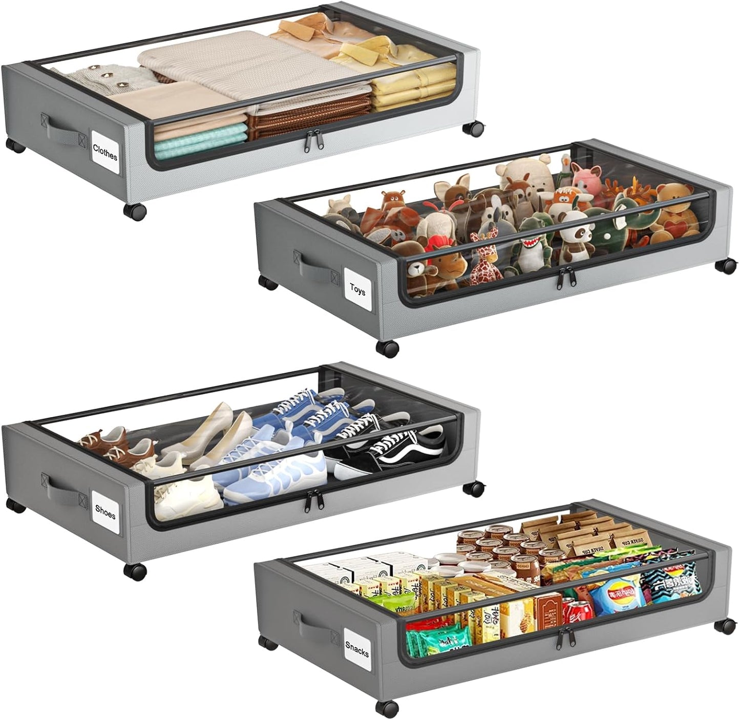 Under Bed Storage with Wheels,XXL 60L Under Bed Storage Containers with Clear Lids, Under-Bed Organizers for Clothes, Shoes – Durable Storage Bins with Smooth Rolling Wheels (Gray, 4 Pack)