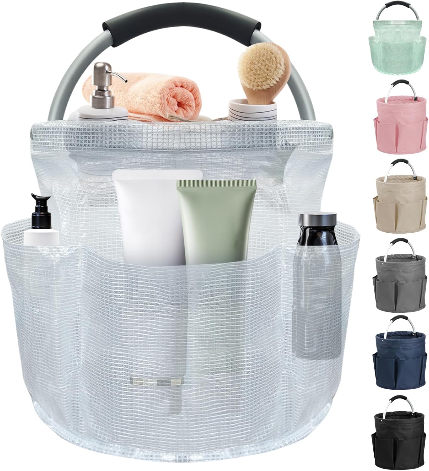 17L Portable Shower Caddy with Handle, Foldable Cleaning Supply Caddy in PVC Resin, Picnic Basket with 6 Side Pockets, Multifunctional Storage Basket for Bathroom, Picnics, Transparent
