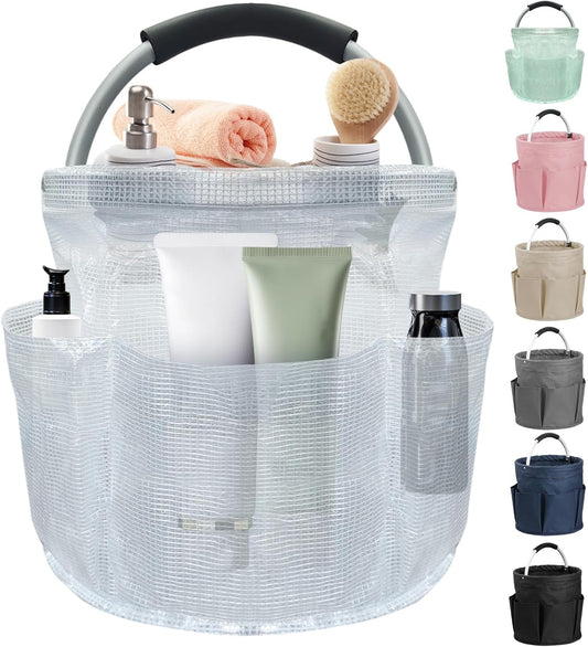 17L Portable Shower Caddy with Handle, Foldable Cleaning Supply Caddy in PVC Resin, Picnic Basket with 6 Side Pockets, Multifunctional Storage Basket for Bathroom, Picnics, Transparent